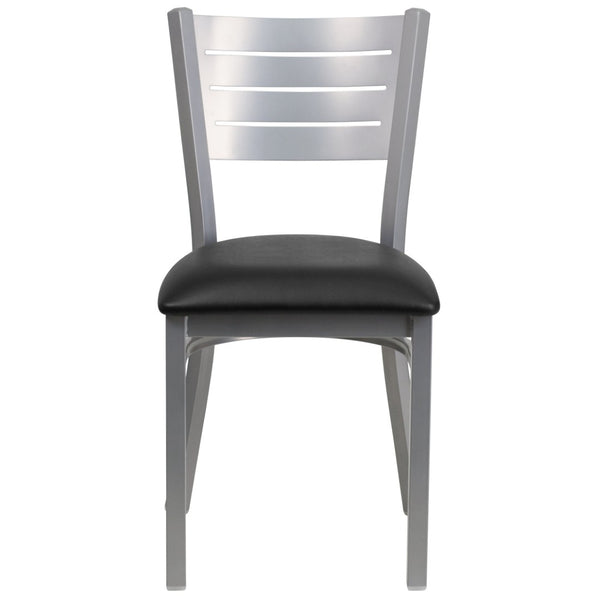 English Elm HERCULES Series Durable Metal Restaurant Chair with Slat Back Design for Modern Dining Spaces Black Vinyl Seat/Silver Frame XU-DG-60401-BLKV-GG