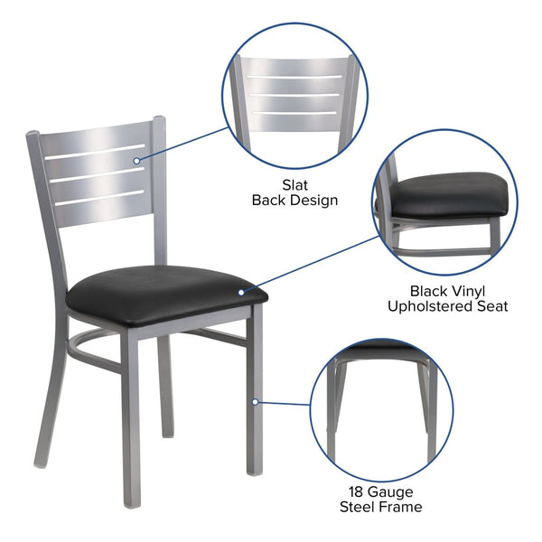 English Elm HERCULES Series Durable Metal Restaurant Chair with Slat Back Design for Modern Dining Spaces Black Vinyl Seat/Silver Frame XU-DG-60401-BLKV-GG