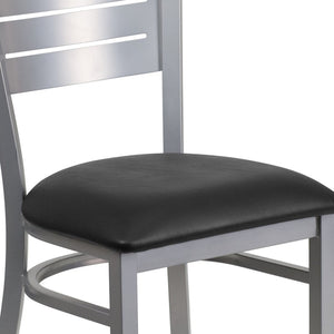 English Elm HERCULES Series Durable Metal Restaurant Chair with Slat Back Design for Modern Dining Spaces Black Vinyl Seat/Silver Frame XU-DG-60401-BLKV-GG