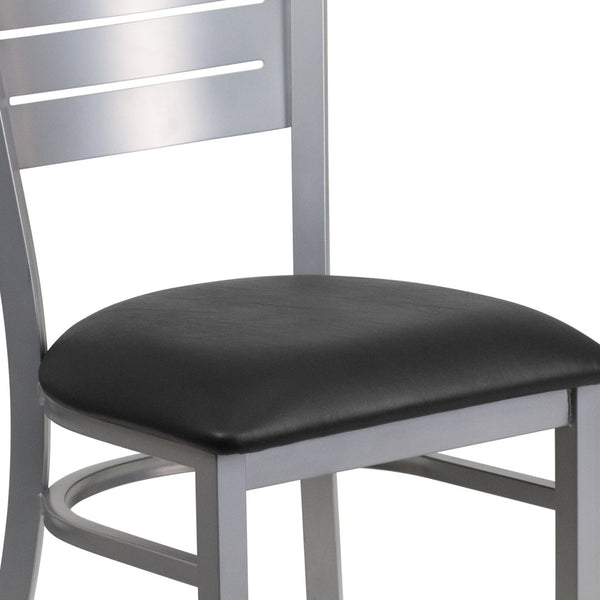 English Elm HERCULES Series Durable Metal Restaurant Chair with Slat Back Design for Modern Dining Spaces Black Vinyl Seat/Silver Frame XU-DG-60401-BLKV-GG