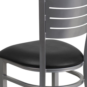 English Elm HERCULES Series Durable Metal Restaurant Chair with Slat Back Design for Modern Dining Spaces Black Vinyl Seat/Silver Frame XU-DG-60401-BLKV-GG
