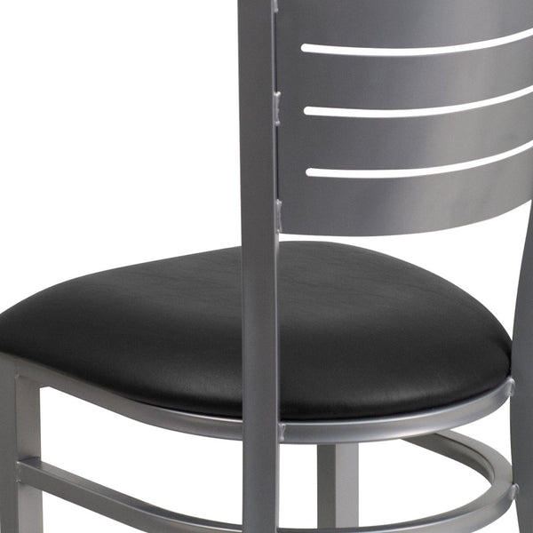 English Elm HERCULES Series Durable Metal Restaurant Chair with Slat Back Design for Modern Dining Spaces Black Vinyl Seat/Silver Frame XU-DG-60401-BLKV-GG