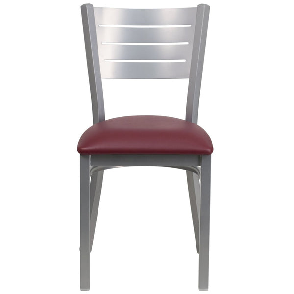 English Elm HERCULES Series Durable Metal Restaurant Chair with Slat Back Design for Modern Dining Spaces Burgundy Vinyl Seat/Silver Frame XU-DG-60401-BURV-GG