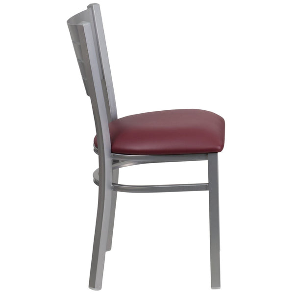 English Elm HERCULES Series Durable Metal Restaurant Chair with Slat Back Design for Modern Dining Spaces Burgundy Vinyl Seat/Silver Frame XU-DG-60401-BURV-GG