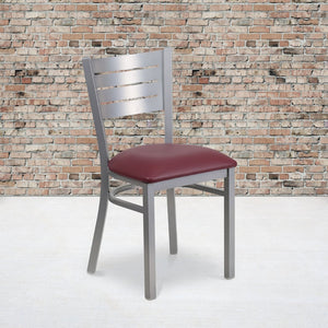 English Elm HERCULES Series Durable Metal Restaurant Chair with Slat Back Design for Modern Dining Spaces Burgundy Vinyl Seat/Silver Frame XU-DG-60401-BURV-GG
