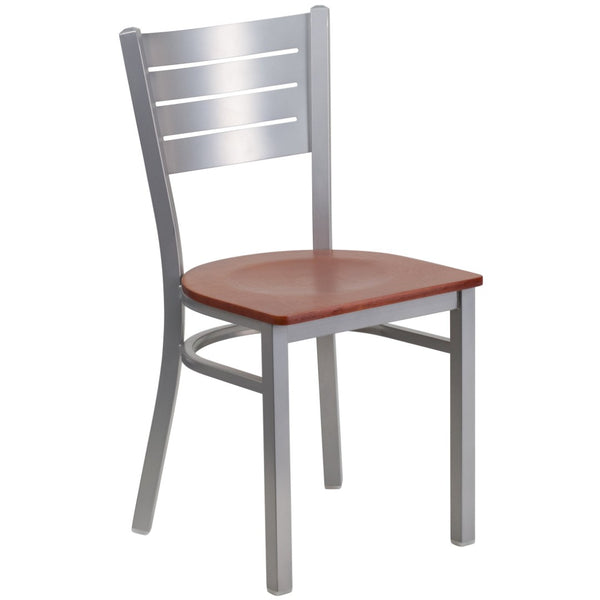 English Elm HERCULES Series Durable Metal Restaurant Chair with Slat Back Design for Modern Dining Spaces Cherry Wood Seat/Silver Frame XU-DG-60401-CHYW-GG
