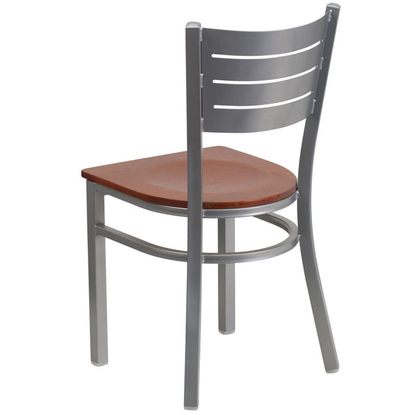English Elm HERCULES Series Durable Metal Restaurant Chair with Slat Back Design for Modern Dining Spaces Cherry Wood Seat/Silver Frame XU-DG-60401-CHYW-GG