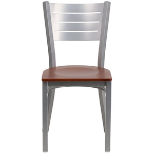 English Elm HERCULES Series Durable Metal Restaurant Chair with Slat Back Design for Modern Dining Spaces Cherry Wood Seat/Silver Frame XU-DG-60401-CHYW-GG