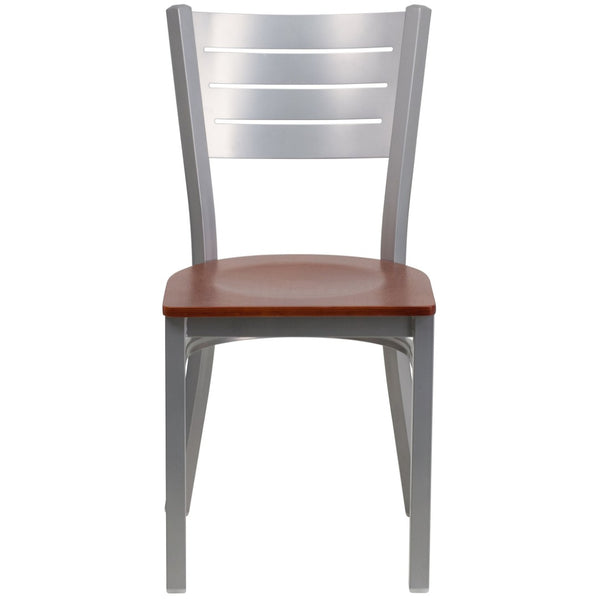 English Elm HERCULES Series Durable Metal Restaurant Chair with Slat Back Design for Modern Dining Spaces Cherry Wood Seat/Silver Frame XU-DG-60401-CHYW-GG