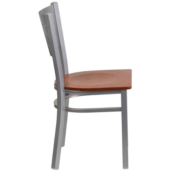 English Elm HERCULES Series Durable Metal Restaurant Chair with Slat Back Design for Modern Dining Spaces Cherry Wood Seat/Silver Frame XU-DG-60401-CHYW-GG