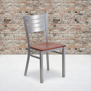 English Elm HERCULES Series Durable Metal Restaurant Chair with Slat Back Design for Modern Dining Spaces Cherry Wood Seat/Silver Frame XU-DG-60401-CHYW-GG