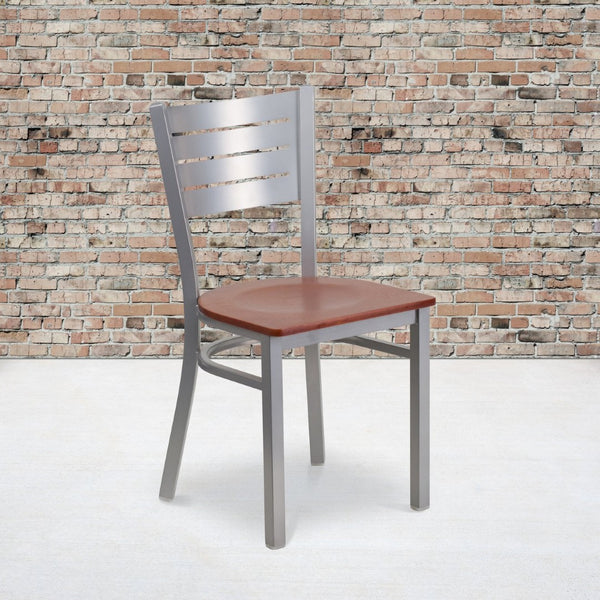 English Elm HERCULES Series Durable Metal Restaurant Chair with Slat Back Design for Modern Dining Spaces Cherry Wood Seat/Silver Frame XU-DG-60401-CHYW-GG