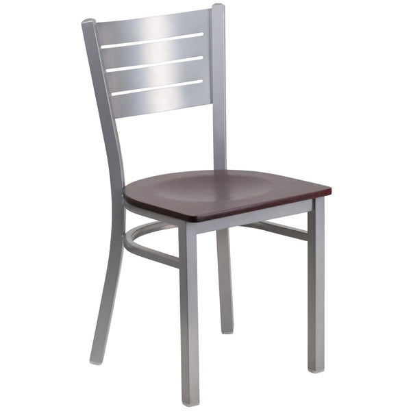 English Elm HERCULES Series Durable Metal Restaurant Chair with Slat Back Design for Modern Dining Spaces Mahogany Wood Seat/Silver Frame XU-DG-60401-MAHW-GG