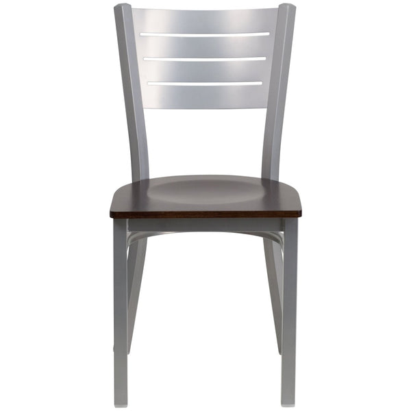 English Elm HERCULES Series Durable Metal Restaurant Chair with Slat Back Design for Modern Dining Spaces Walnut Wood Seat/Silver Frame XU-DG-60401-WALW-GG