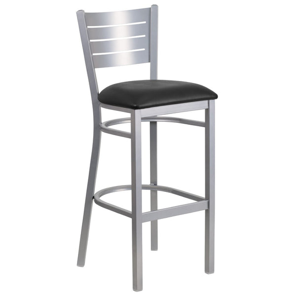 English Elm HERCULES Series Durable Metal Barstool with Slat Back Design - Ideal for Restaurants and Home Use Black Vinyl Seat/Silver Frame XU-DG-60402-BAR-BLKV-GG
