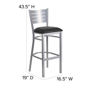 English Elm HERCULES Series Durable Metal Barstool with Slat Back Design - Ideal for Restaurants and Home Use Black Vinyl Seat/Silver Frame XU-DG-60402-BAR-BLKV-GG
