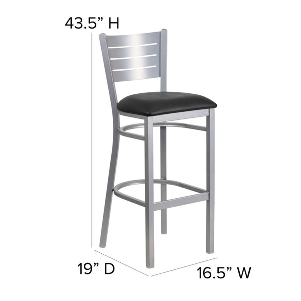 English Elm HERCULES Series Durable Metal Barstool with Slat Back Design - Ideal for Restaurants and Home Use Black Vinyl Seat/Silver Frame XU-DG-60402-BAR-BLKV-GG