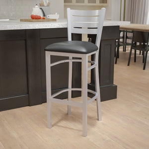 English Elm HERCULES Series Durable Metal Barstool with Slat Back Design - Ideal for Restaurants and Home Use Black Vinyl Seat/Silver Frame XU-DG-60402-BAR-BLKV-GG