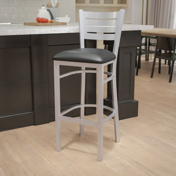English Elm HERCULES Series Durable Metal Barstool with Slat Back Design - Ideal for Restaurants and Home Use Black Vinyl Seat/Silver Frame XU-DG-60402-BAR-BLKV-GG
