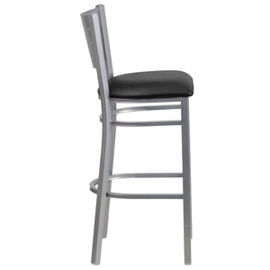 English Elm HERCULES Series Durable Metal Barstool with Slat Back Design - Ideal for Restaurants and Home Use Black Vinyl Seat/Silver Frame XU-DG-60402-BAR-BLKV-GG