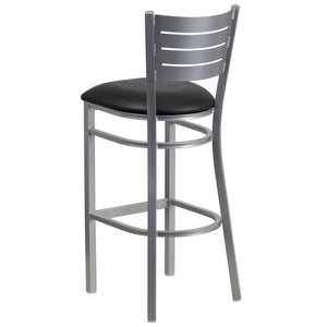 English Elm HERCULES Series Durable Metal Barstool with Slat Back Design - Ideal for Restaurants and Home Use Black Vinyl Seat/Silver Frame XU-DG-60402-BAR-BLKV-GG