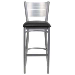English Elm HERCULES Series Durable Metal Barstool with Slat Back Design - Ideal for Restaurants and Home Use Black Vinyl Seat/Silver Frame XU-DG-60402-BAR-BLKV-GG