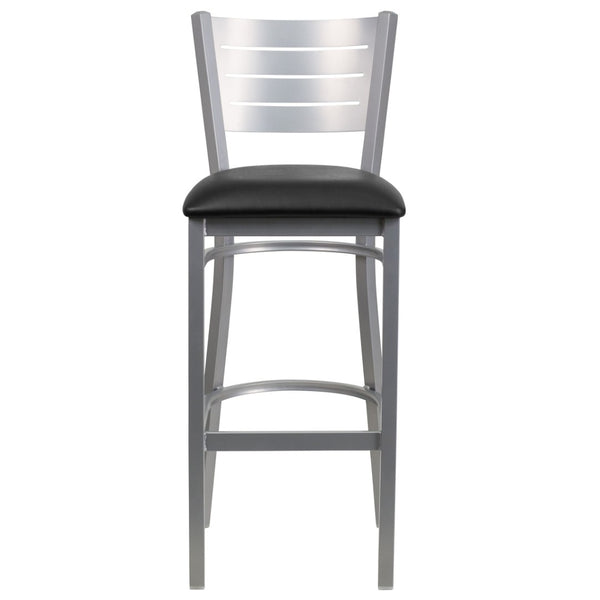 English Elm HERCULES Series Durable Metal Barstool with Slat Back Design - Ideal for Restaurants and Home Use Black Vinyl Seat/Silver Frame XU-DG-60402-BAR-BLKV-GG
