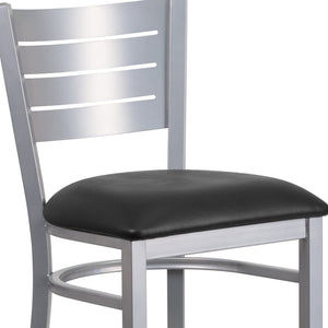 English Elm HERCULES Series Durable Metal Barstool with Slat Back Design - Ideal for Restaurants and Home Use Black Vinyl Seat/Silver Frame XU-DG-60402-BAR-BLKV-GG