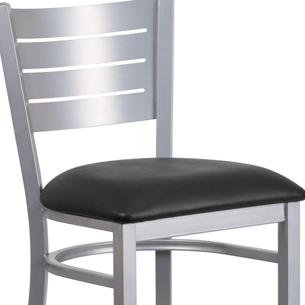 English Elm HERCULES Series Durable Metal Barstool with Slat Back Design - Ideal for Restaurants and Home Use Black Vinyl Seat/Silver Frame XU-DG-60402-BAR-BLKV-GG