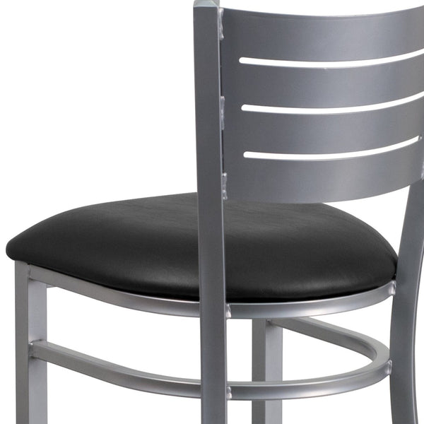 English Elm HERCULES Series Durable Metal Barstool with Slat Back Design - Ideal for Restaurants and Home Use Black Vinyl Seat/Silver Frame XU-DG-60402-BAR-BLKV-GG