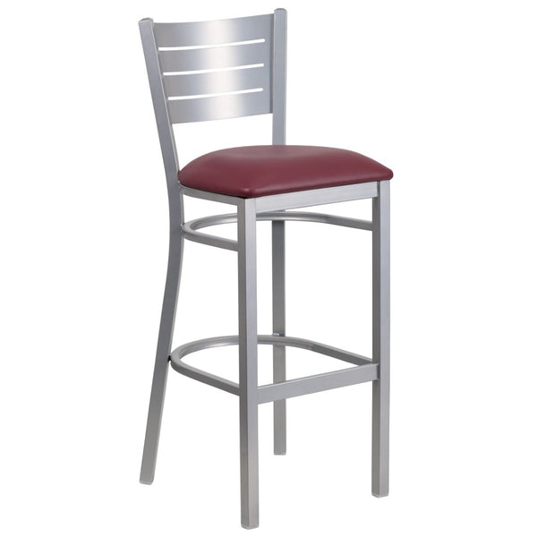 English Elm HERCULES Series Durable Metal Barstool with Slat Back Design - Ideal for Restaurants and Home Use Burgundy Vinyl Seat/Silver Frame XU-DG-60402-BAR-BURV-GG