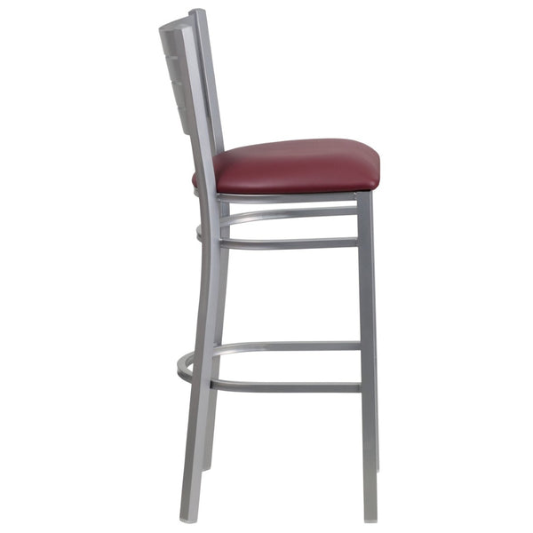 English Elm HERCULES Series Durable Metal Barstool with Slat Back Design - Ideal for Restaurants and Home Use Burgundy Vinyl Seat/Silver Frame XU-DG-60402-BAR-BURV-GG