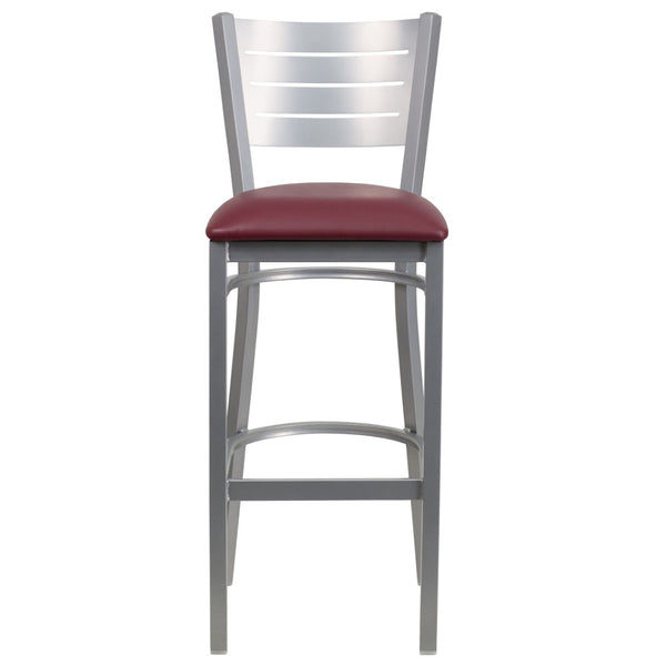 English Elm HERCULES Series Durable Metal Barstool with Slat Back Design - Ideal for Restaurants and Home Use Burgundy Vinyl Seat/Silver Frame XU-DG-60402-BAR-BURV-GG