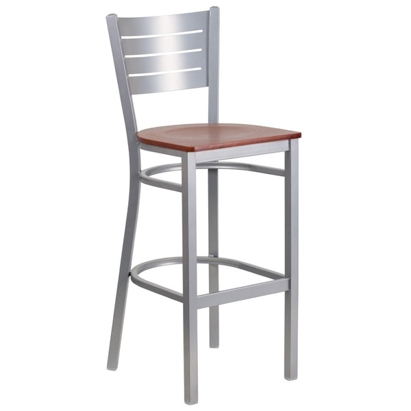 English Elm HERCULES Series Durable Metal Barstool with Slat Back Design - Ideal for Restaurants and Home Use Cherry Wood Seat/Silver Frame XU-DG-60402-BAR-CHYW-GG