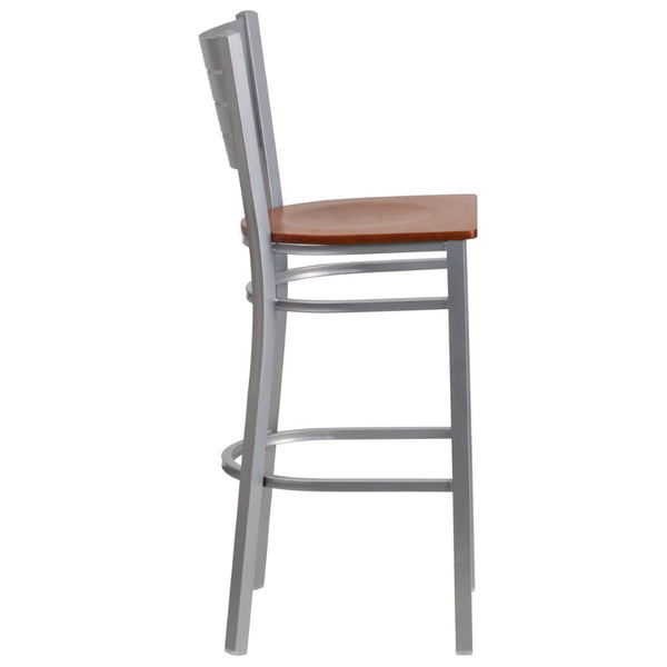 English Elm HERCULES Series Durable Metal Barstool with Slat Back Design - Ideal for Restaurants and Home Use Cherry Wood Seat/Silver Frame XU-DG-60402-BAR-CHYW-GG