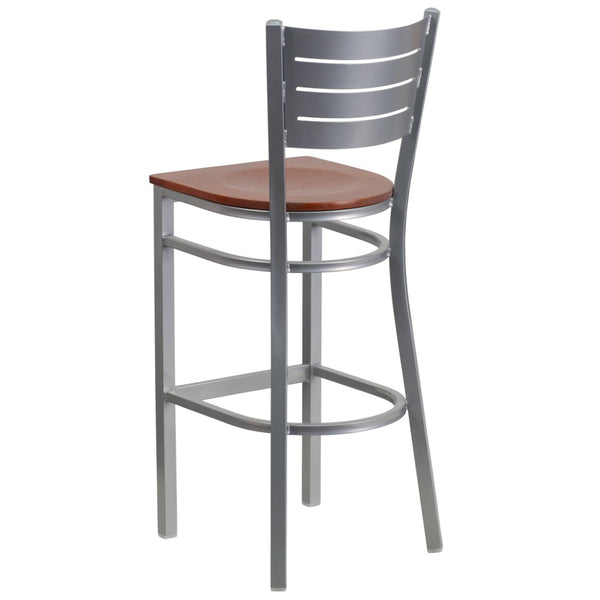 English Elm HERCULES Series Durable Metal Barstool with Slat Back Design - Ideal for Restaurants and Home Use Cherry Wood Seat/Silver Frame XU-DG-60402-BAR-CHYW-GG