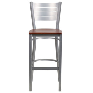 English Elm HERCULES Series Durable Metal Barstool with Slat Back Design - Ideal for Restaurants and Home Use Cherry Wood Seat/Silver Frame XU-DG-60402-BAR-CHYW-GG