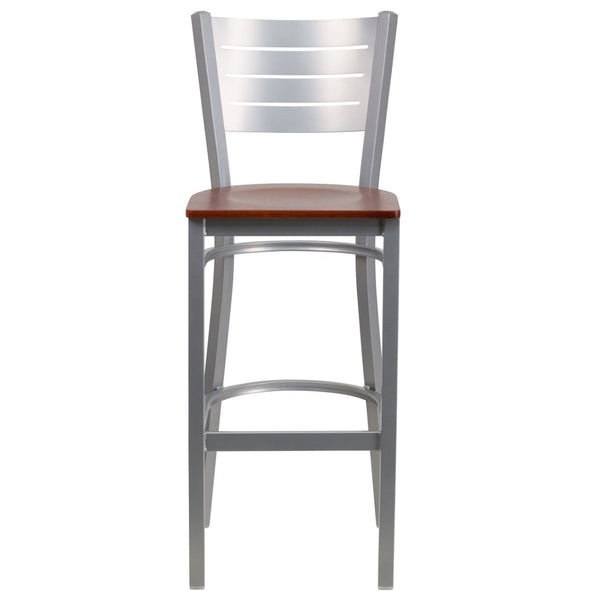 English Elm HERCULES Series Durable Metal Barstool with Slat Back Design - Ideal for Restaurants and Home Use Cherry Wood Seat/Silver Frame XU-DG-60402-BAR-CHYW-GG