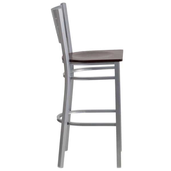 English Elm HERCULES Series Durable Metal Barstool with Slat Back Design - Ideal for Restaurants and Home Use Mahogany Wood Seat/Silver Frame XU-DG-60402-BAR-MAHW-GG