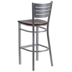 English Elm HERCULES Series Durable Metal Barstool with Slat Back Design - Ideal for Restaurants and Home Use Mahogany Wood Seat/Silver Frame XU-DG-60402-BAR-MAHW-GG