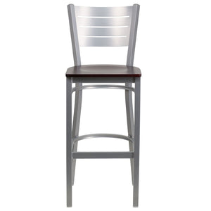 English Elm HERCULES Series Durable Metal Barstool with Slat Back Design - Ideal for Restaurants and Home Use Mahogany Wood Seat/Silver Frame XU-DG-60402-BAR-MAHW-GG