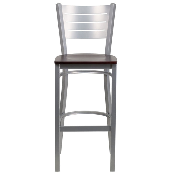 English Elm HERCULES Series Durable Metal Barstool with Slat Back Design - Ideal for Restaurants and Home Use Mahogany Wood Seat/Silver Frame XU-DG-60402-BAR-MAHW-GG