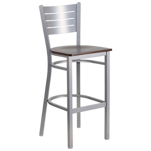 English Elm HERCULES Series Durable Metal Barstool with Slat Back Design - Ideal for Restaurants and Home Use Walnut Wood Seat/Silver Frame XU-DG-60402-BAR-WALW-GG