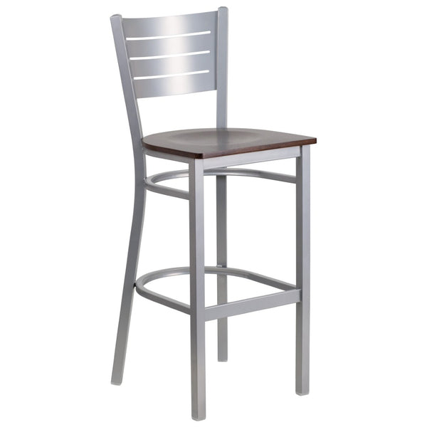 English Elm HERCULES Series Durable Metal Barstool with Slat Back Design - Ideal for Restaurants and Home Use Walnut Wood Seat/Silver Frame XU-DG-60402-BAR-WALW-GG