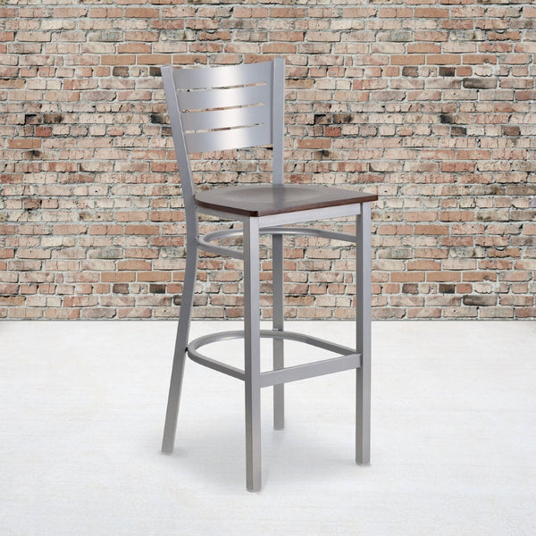 English Elm HERCULES Series Durable Metal Barstool with Slat Back Design - Ideal for Restaurants and Home Use Walnut Wood Seat/Silver Frame XU-DG-60402-BAR-WALW-GG