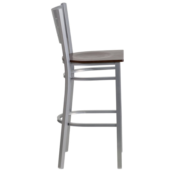 English Elm HERCULES Series Durable Metal Barstool with Slat Back Design - Ideal for Restaurants and Home Use Walnut Wood Seat/Silver Frame XU-DG-60402-BAR-WALW-GG