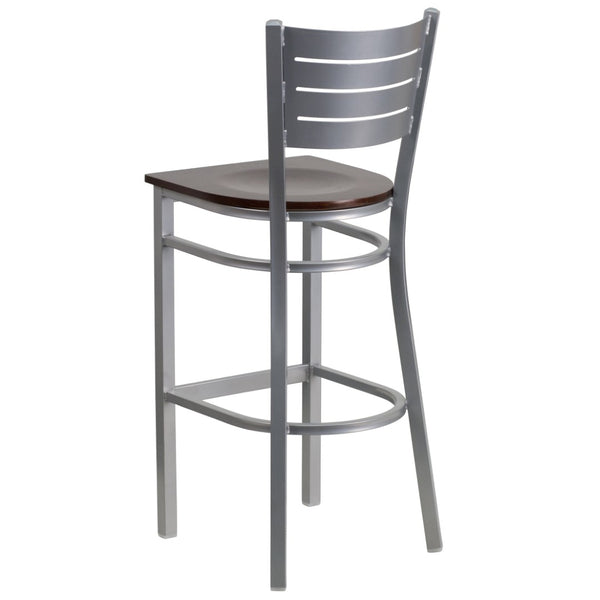 English Elm HERCULES Series Durable Metal Barstool with Slat Back Design - Ideal for Restaurants and Home Use Walnut Wood Seat/Silver Frame XU-DG-60402-BAR-WALW-GG
