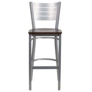 English Elm HERCULES Series Durable Metal Barstool with Slat Back Design - Ideal for Restaurants and Home Use Walnut Wood Seat/Silver Frame XU-DG-60402-BAR-WALW-GG