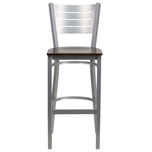 English Elm HERCULES Series Durable Metal Barstool with Slat Back Design - Ideal for Restaurants and Home Use Walnut Wood Seat/Silver Frame XU-DG-60402-BAR-WALW-GG