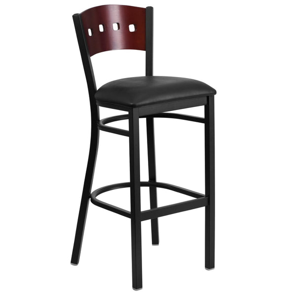 English Elm HERCULES Series Heavy-Duty Black Restaurant Barstool with Stylish Designer Back for Comfort & Durability Mahogany Wood Back/Black Vinyl Seat/Black Metal Frame XU-DG-60515-MAH-BAR-BLKV-GG